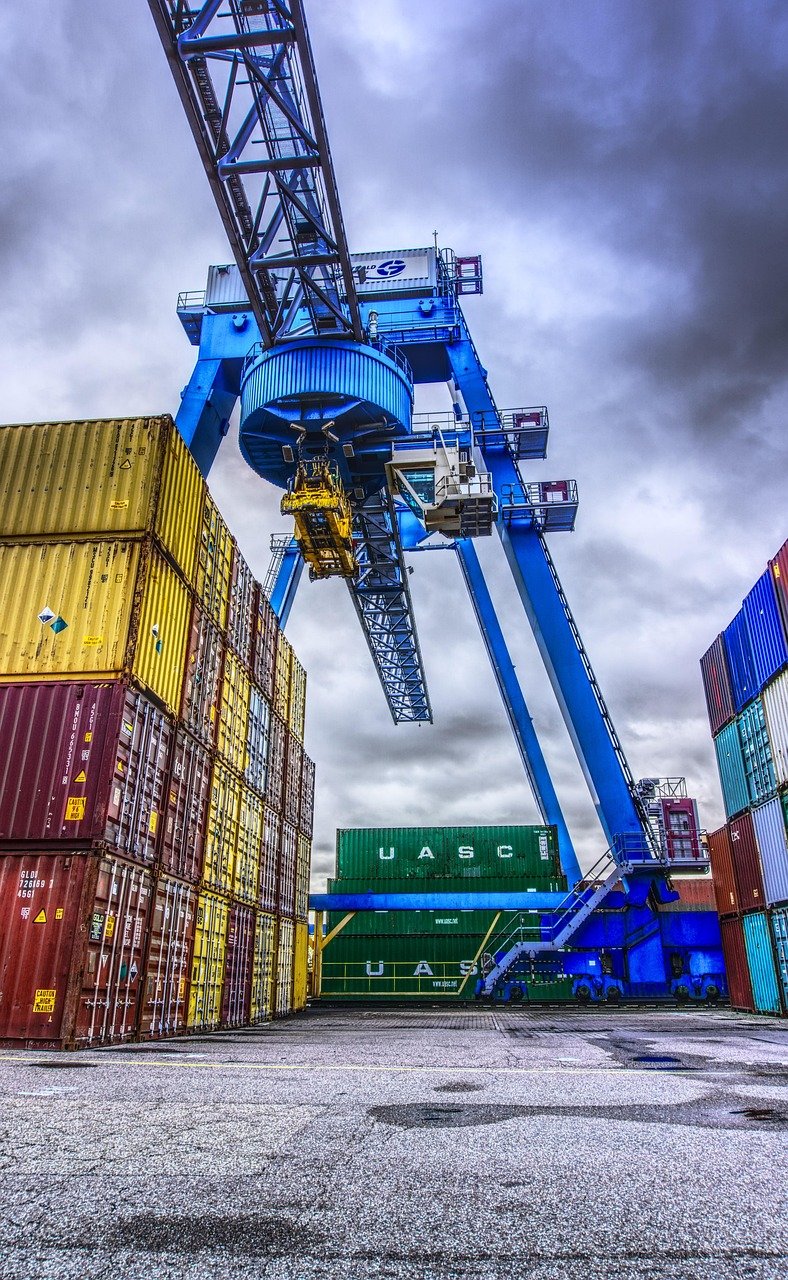 Container, port, loading, nature, stacked, container terminal, container handling, loading crane, crane, freight, transshipment point, germany, to dye, heaven, clouds, hdr, contrast, high dynamic range, multicoloured, industry, company, heavy, stole